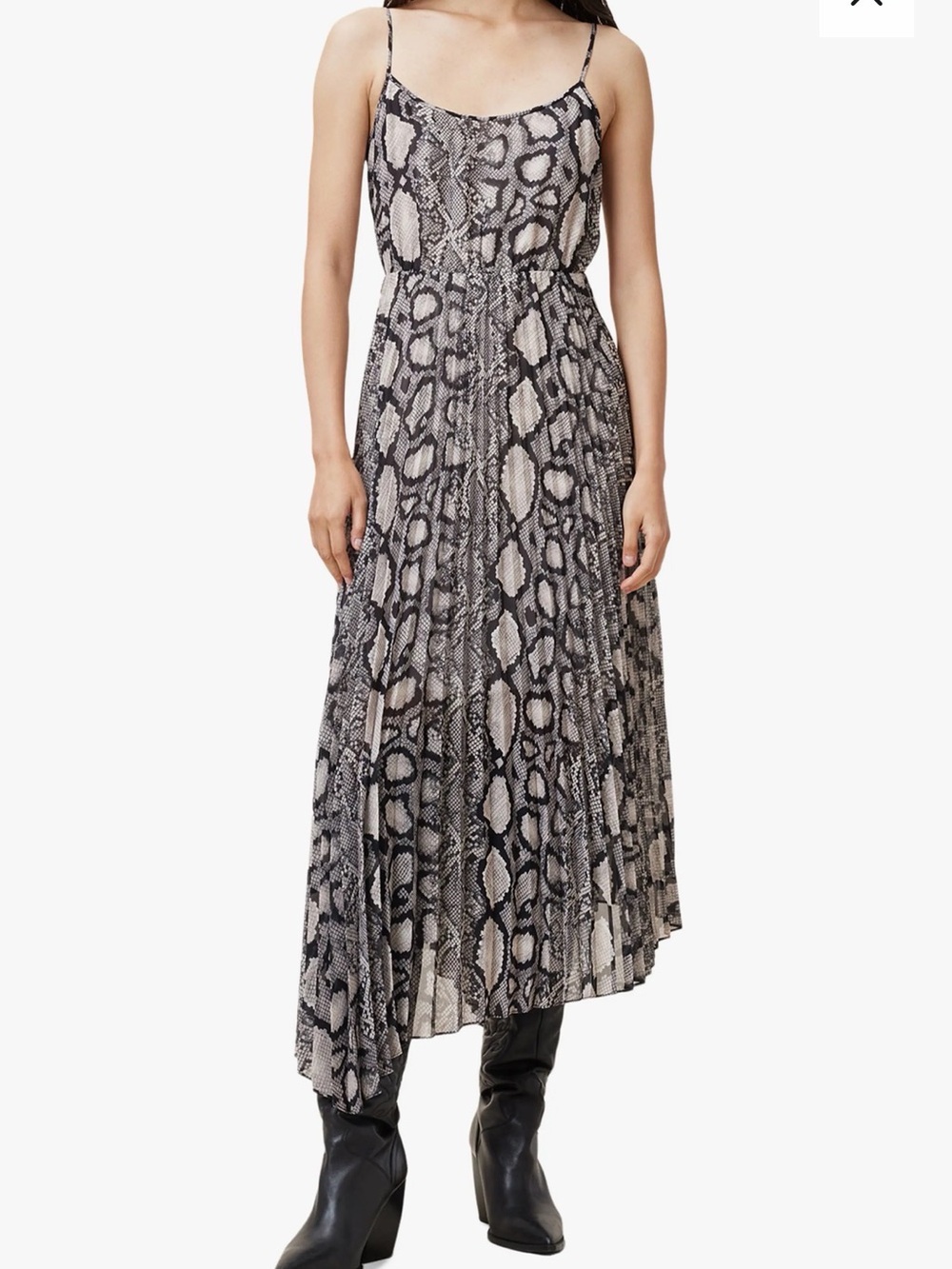 AllSaints Asymmetrical Snake-Print Maxi Dress in Black & Cream